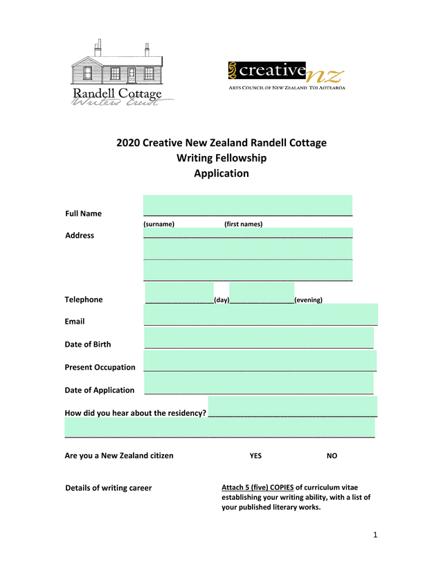 2020 Creative New Zealand Randell Cottage Writing Fellowship Application screenshot