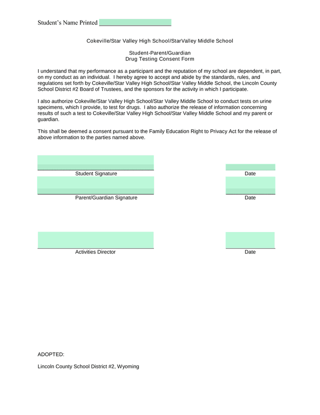 Student ParentGuardian Drug Testing Consent Form screenshot