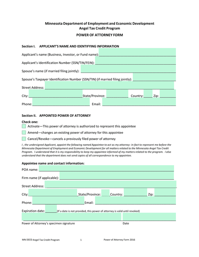 Minnesota Department Of Employment And Economic Development Angel Tax Credit Program Power Of Attorn screenshot