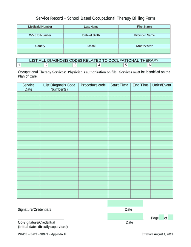 Service Record  School Based Occupational Therapy Billing Form screenshot