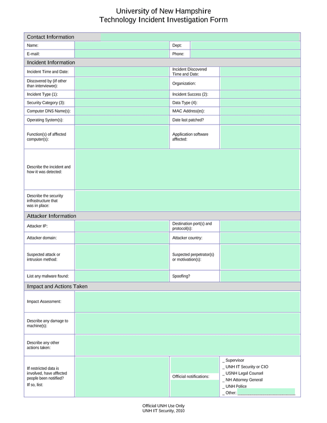 University Of New Hampshire Technology Incident Investigation Form screenshot