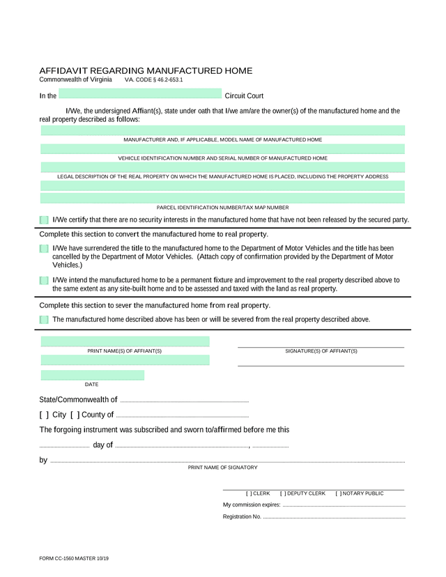 FORM CC 1560 MASTER AFFIDAVIT REGARDING MANUFACTURED HOME screenshot