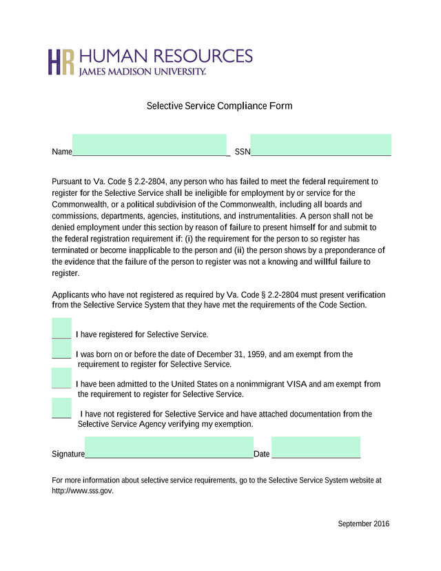 Selective Service Compliance Form screenshot