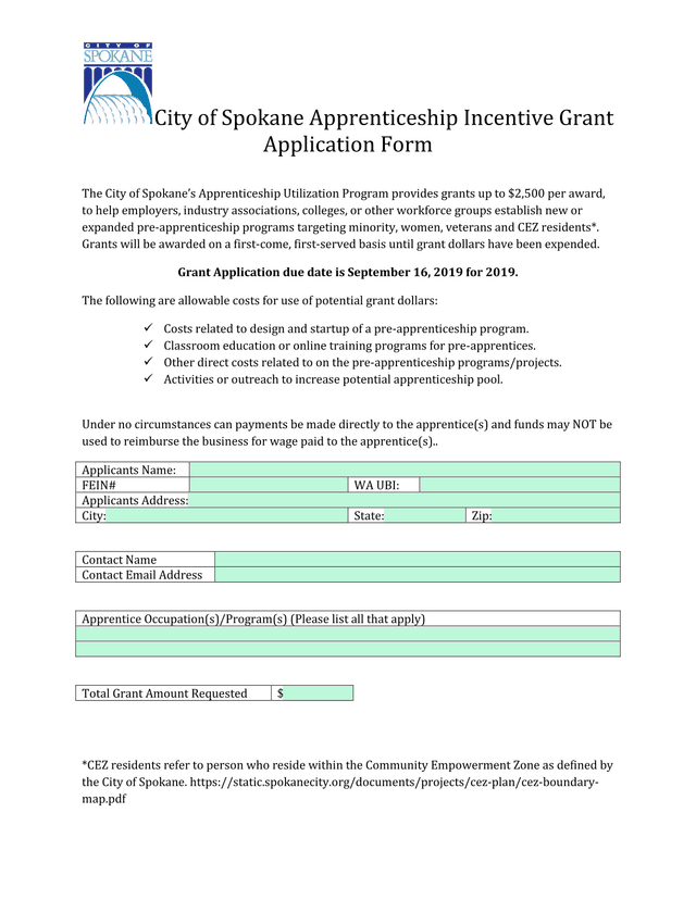 City Of Spokane Apprenticeship Incentive Grant Application Form screenshot