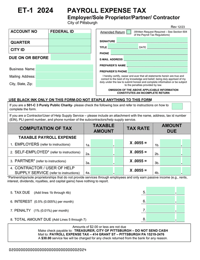 Payroll Expense Tax Form ET 1 2024 screenshot