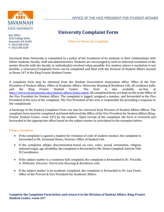 University Complaint Form screenshot