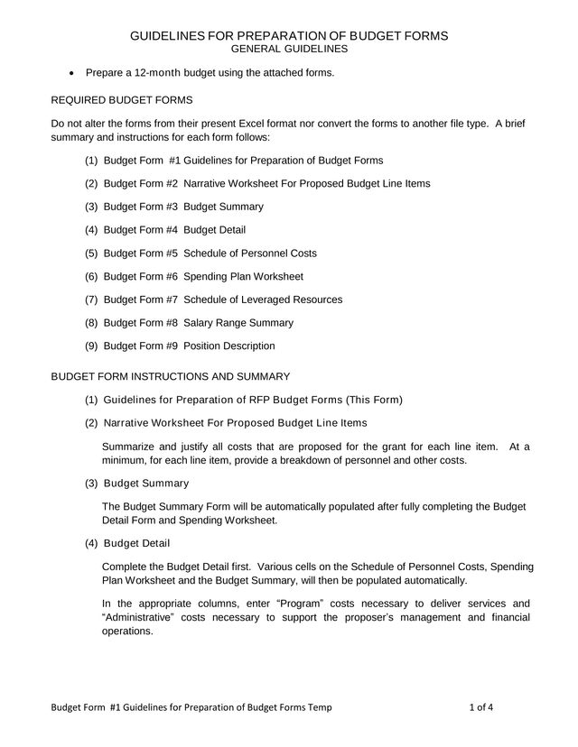 Budget Form 1 Guidelines For Preparation Of Budget Forms screenshot