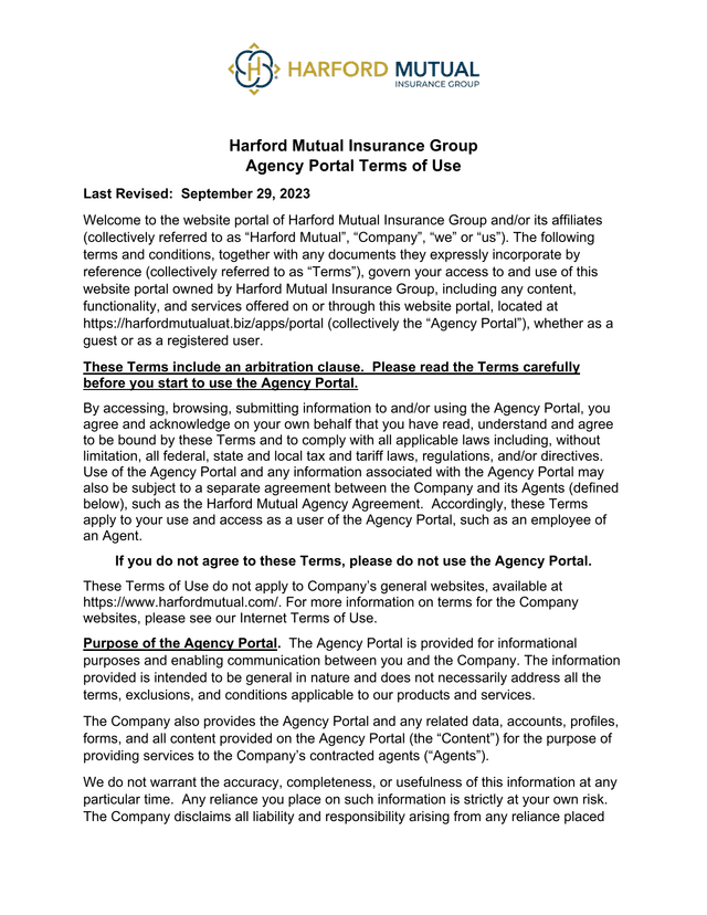 Harford Mutual Insurance Group Agency Portal Terms Of Use screenshot
