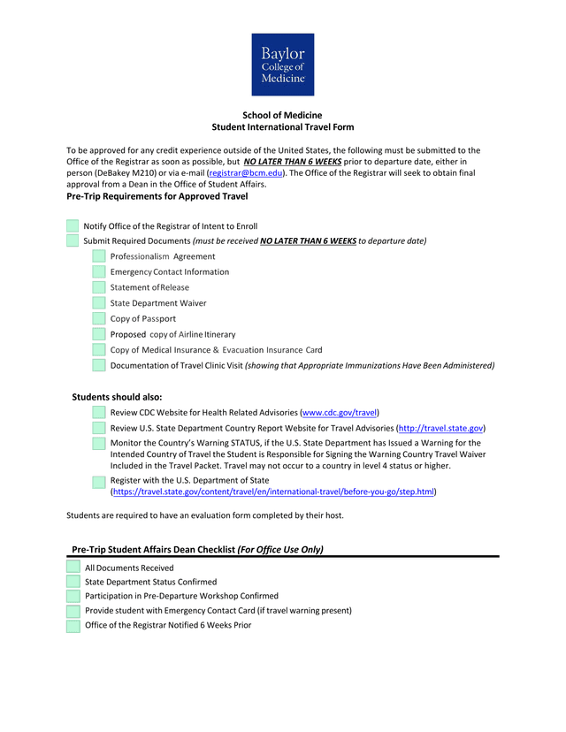 Student International Travel Form screenshot