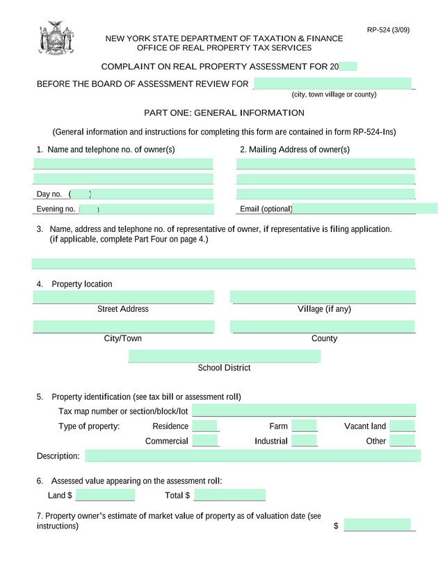 RP 524 Complaint On Real Property Assessment screenshot