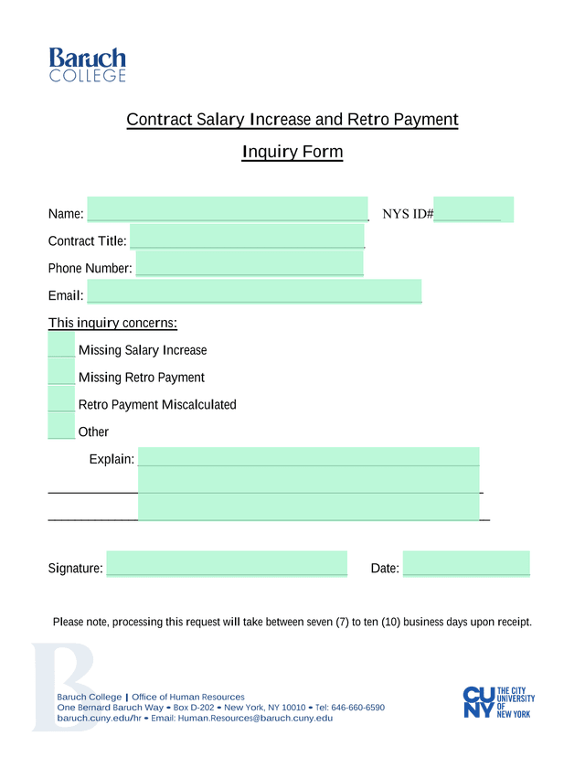 Contract Salary Increase And Retro Payment Inquiry Form screenshot