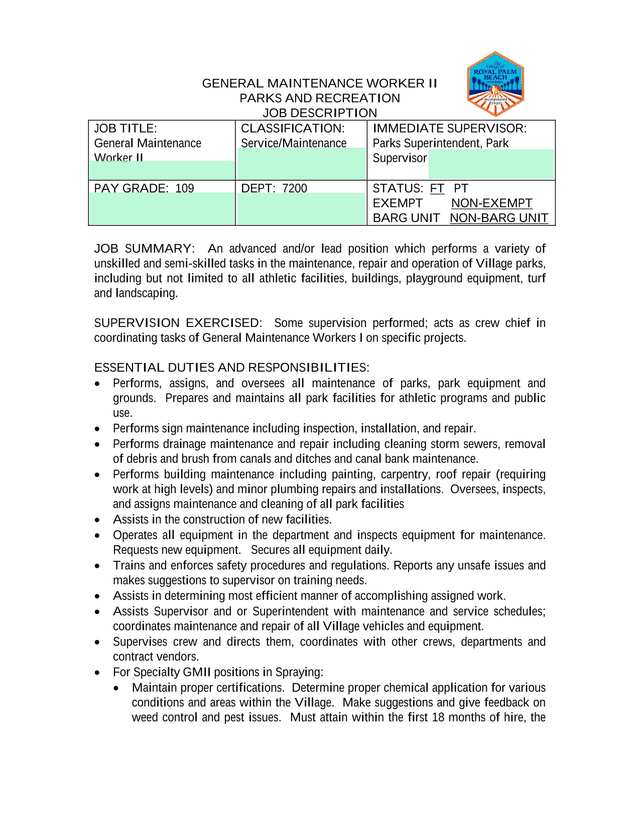 General Maintenance Worker II Job Description screenshot