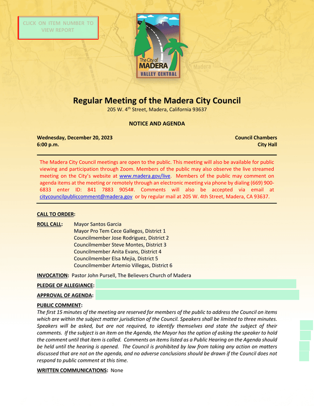 Madera City Council Agenda screenshot