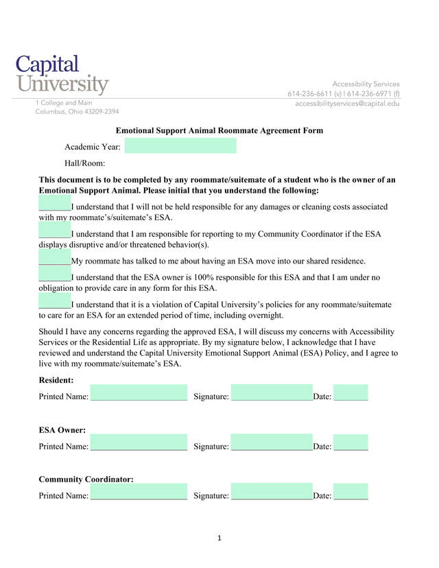 Emotional Support Animal Roommate Agreement Form screenshot
