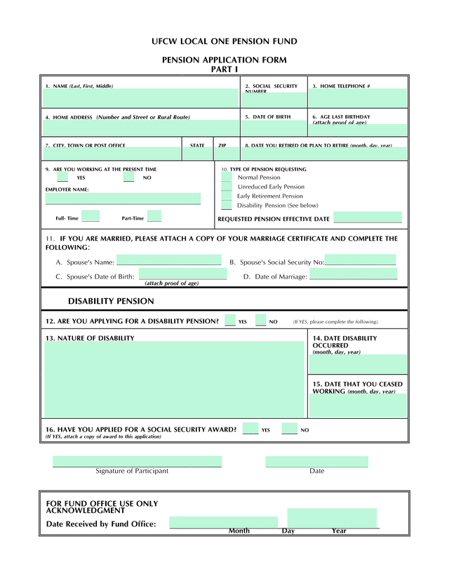 UFCW LOCAL ONE PENSION FUND PENSION APPLICATION FORM screenshot