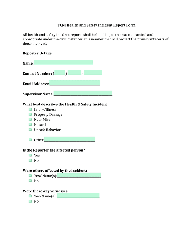 TCNJ Health And Safety Incident Report Form screenshot