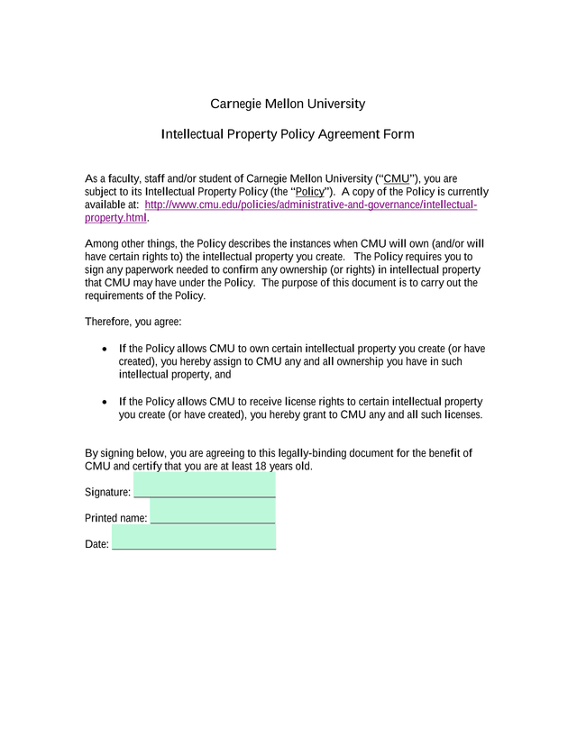 Carnegie Mellon University Intellectual Property Policy Agreement Form screenshot
