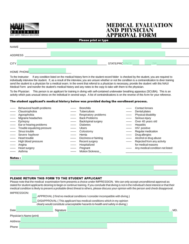 NAUI Medical Form screenshot