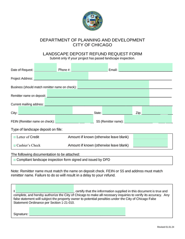 Landscape Deposit Refund Request Form screenshot