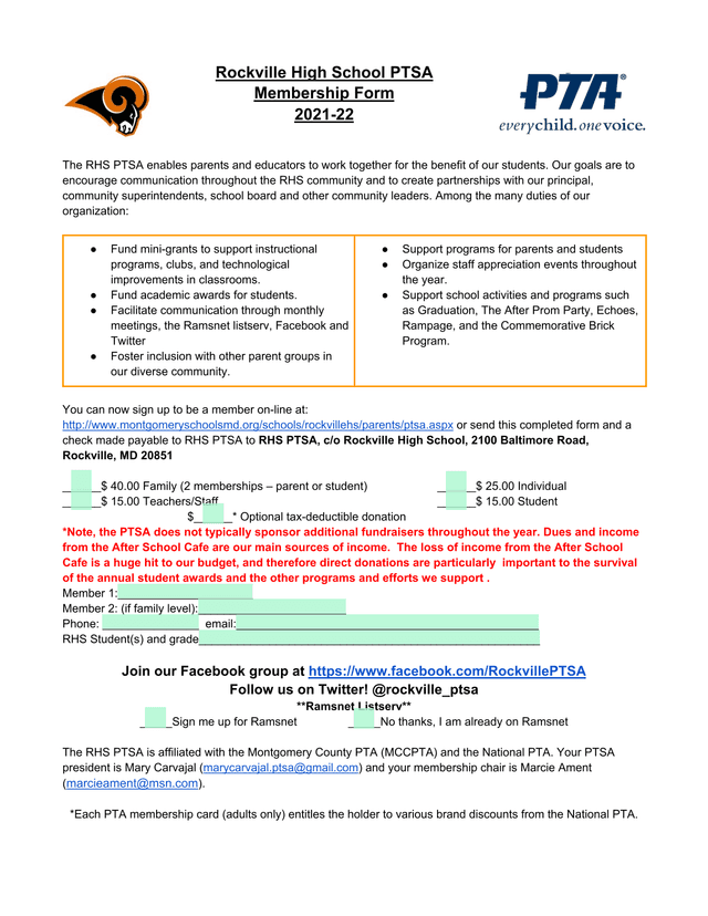 Rockville High School PTSA Membership Form screenshot