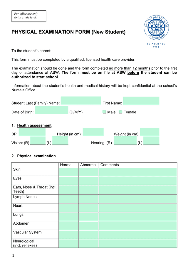 PHYSICAL EXAMINATION FORM (New Student) screenshot