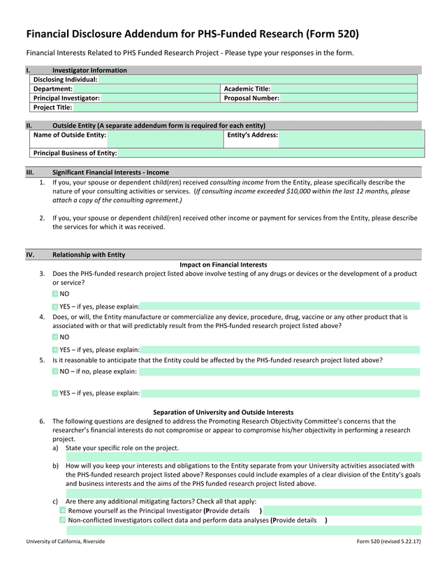 Financial Disclosure Addendum For PHS Funded Research (Form 520) screenshot