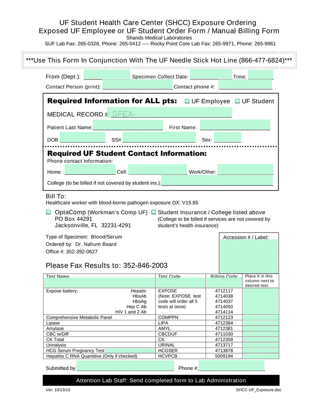 UF Student Health Care Center (SHCC) Exposure Ordering Form screenshot