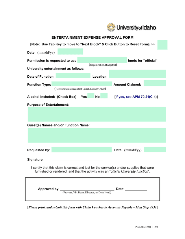 Entertainment Expense Approval Form screenshot