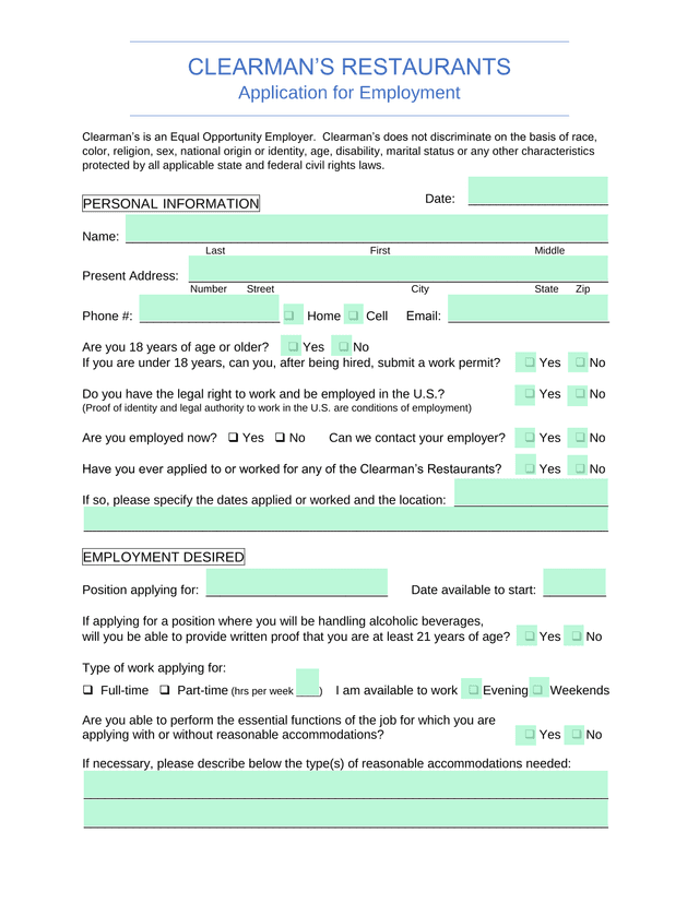ClearmanS Restaurants Application For Employment screenshot
