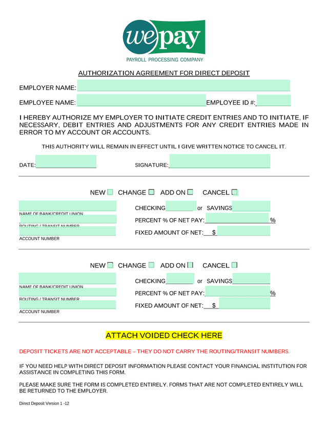 Authorization Agreement For Direct Deposit screenshot