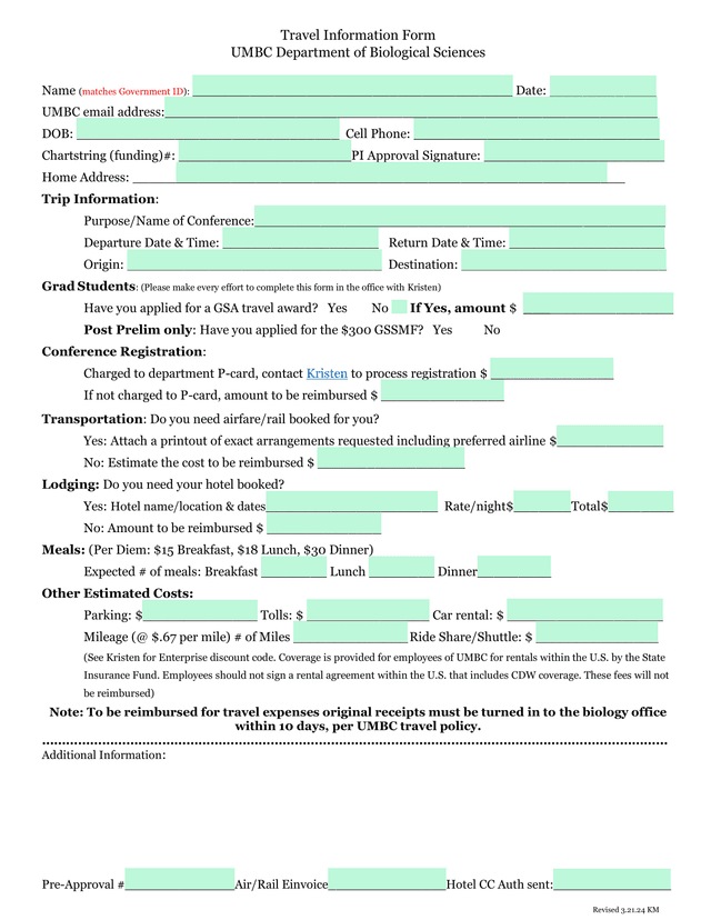 Travel Information Form screenshot