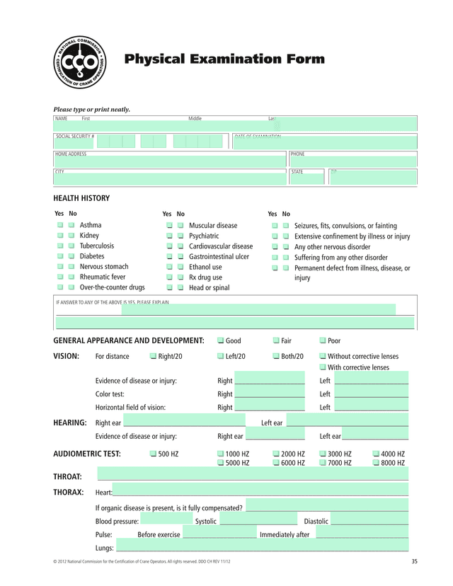 Physical Examination Form screenshot