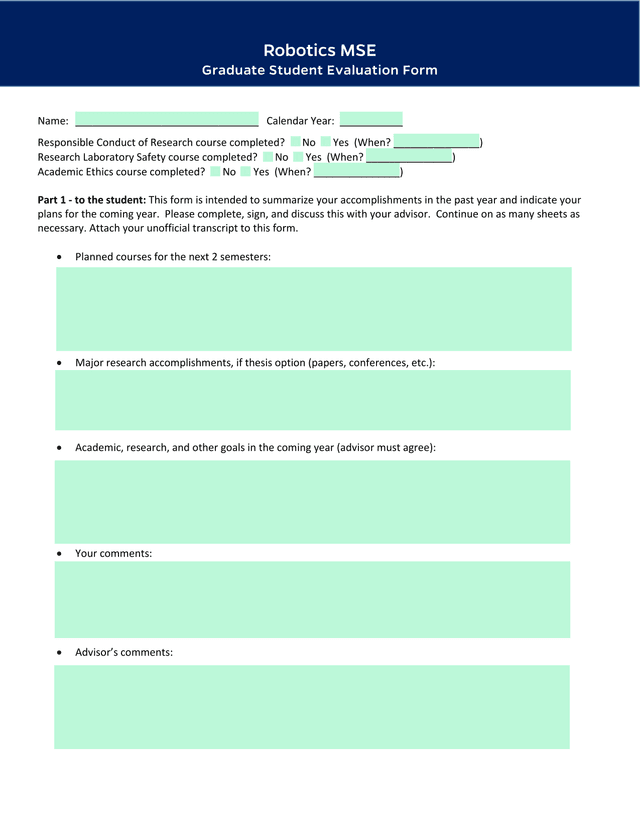 Robotics MSE Graduate Student Evaluation Form screenshot