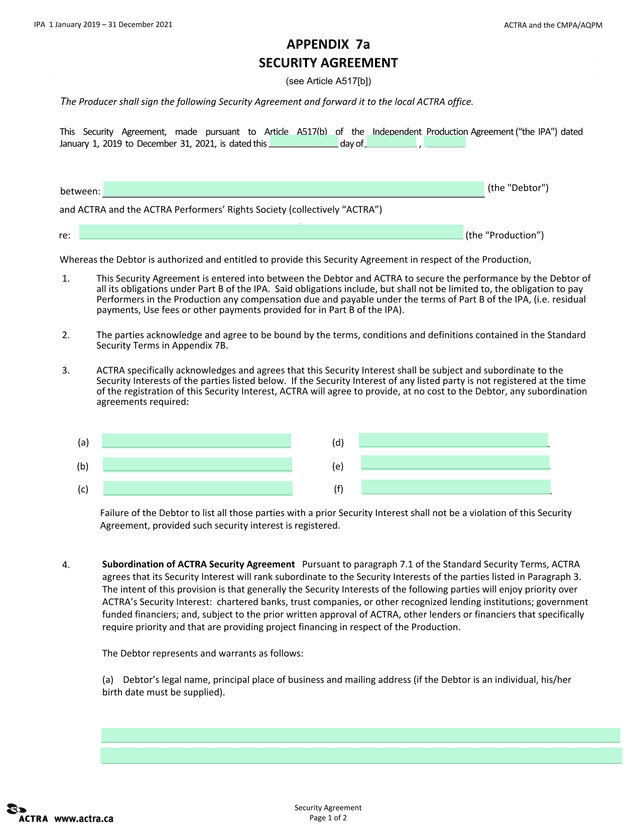 ACTRA Security Agreement screenshot