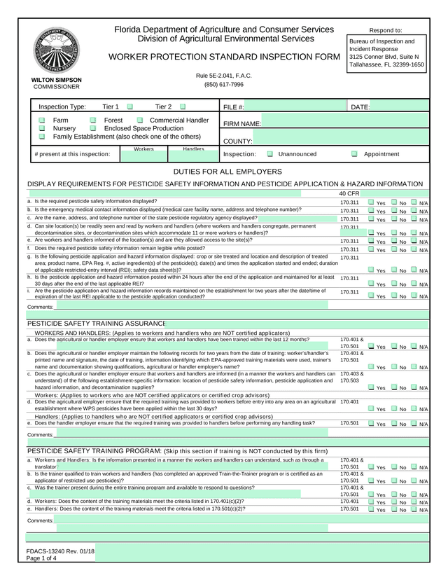 WORKER PROTECTION STANDARD INSPECTION FORM screenshot