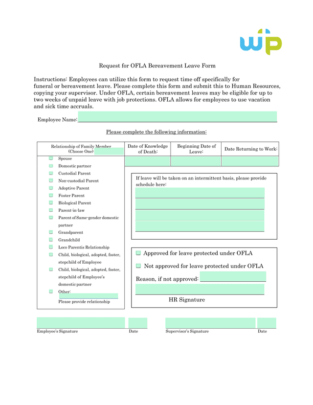 Request For OFLA Bereavement Leave Form screenshot