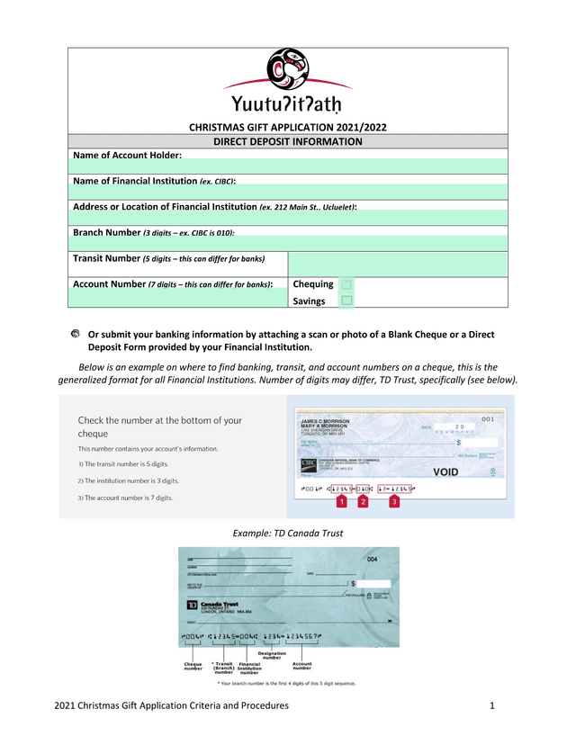 Christmas Gift Application 20212022 Direct Deposit Information screenshot