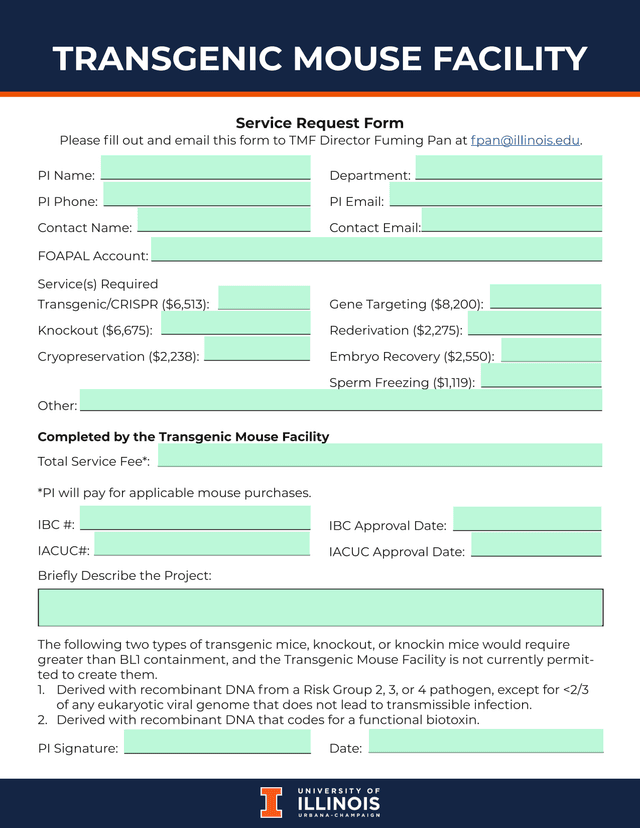 Transgenic Mouse Facility Service Request Form screenshot