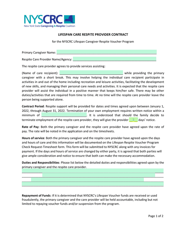 LIFESPAN CARE RESPITE PROVIDER CONTRACT screenshot
