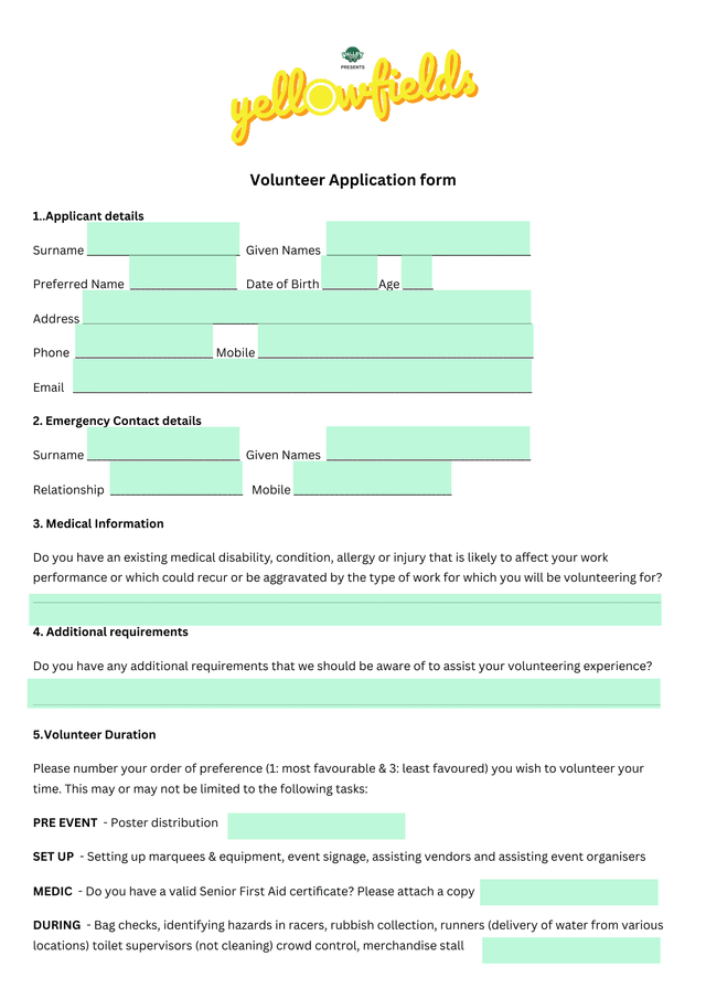 Volunteer Application Form screenshot