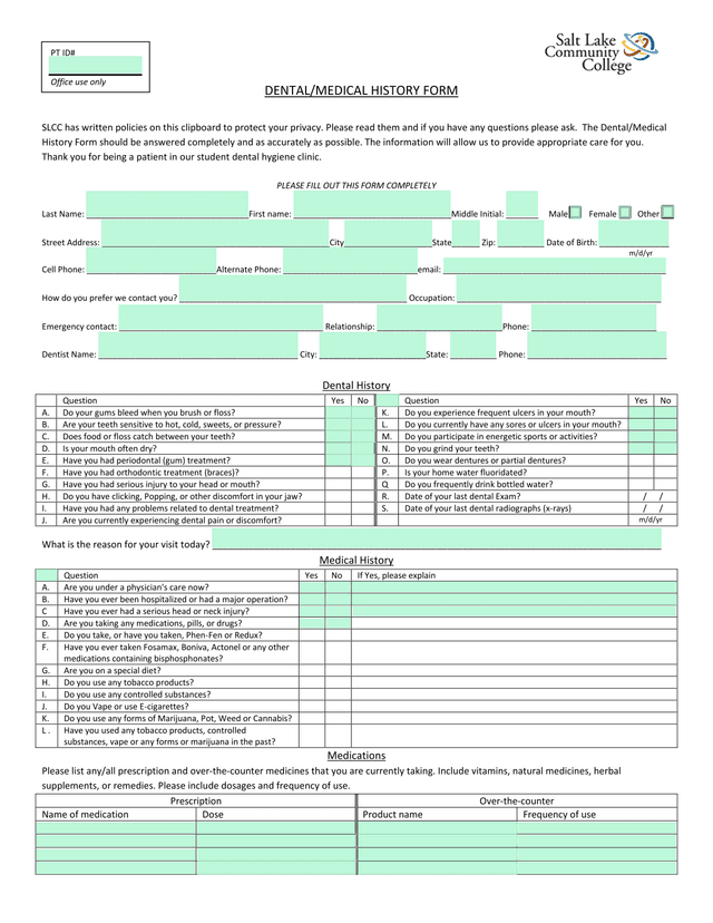 DENTALMEDICAL HISTORY FORM screenshot