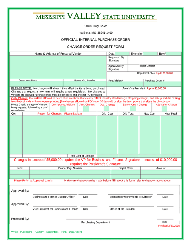 OFFICIAL INTERNAL PURCHASE ORDER CHANGE ORDER REQUEST FORM screenshot