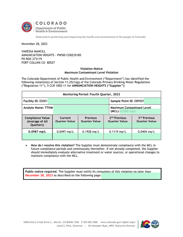 Violation Notice For Maximum Contaminant Level screenshot