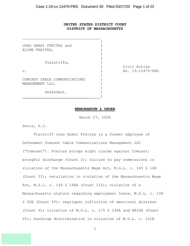 Memorandum  Order Freitas V. Comcast Cable Communications Management LLC screenshot