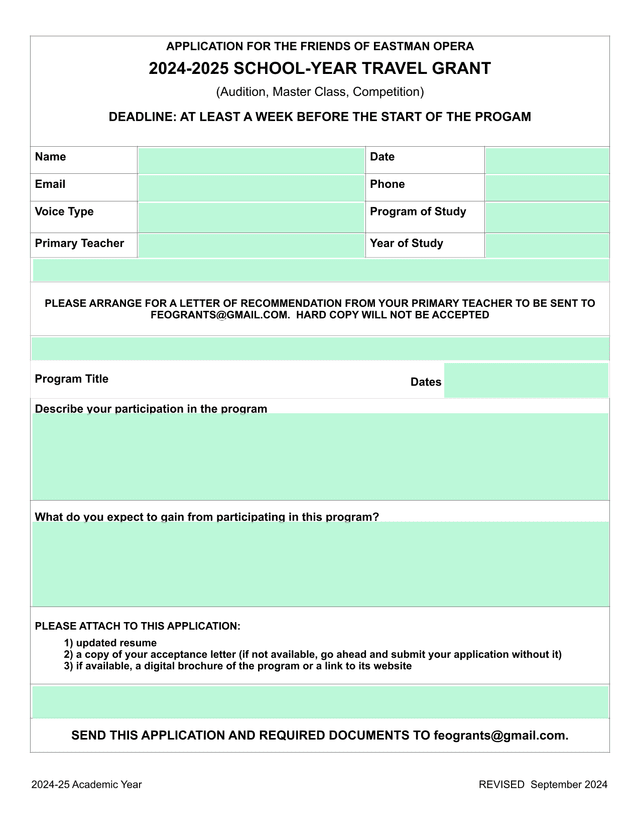 APPLICATION FOR THE FRIENDS OF EASTMAN OPERA 2024 2025 SCHOOL YEAR TRAVEL GRANT screenshot