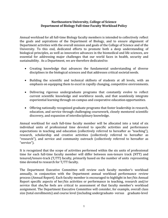 Northeastern University, College Of Science Department Of Biology Full Time Faculty Workload Policy screenshot