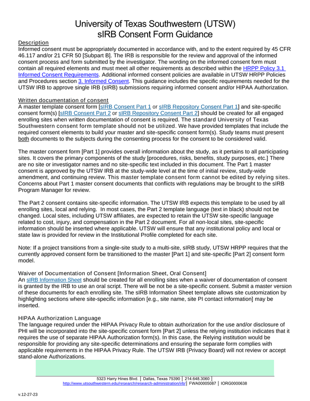 SIRB Consent Form Guidance screenshot