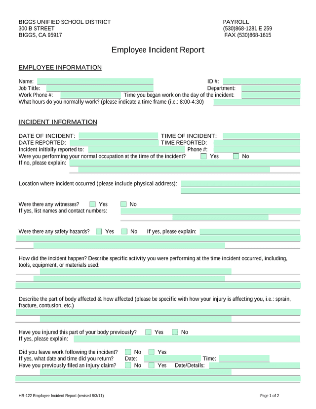 HR 122 Employee Incident Report screenshot