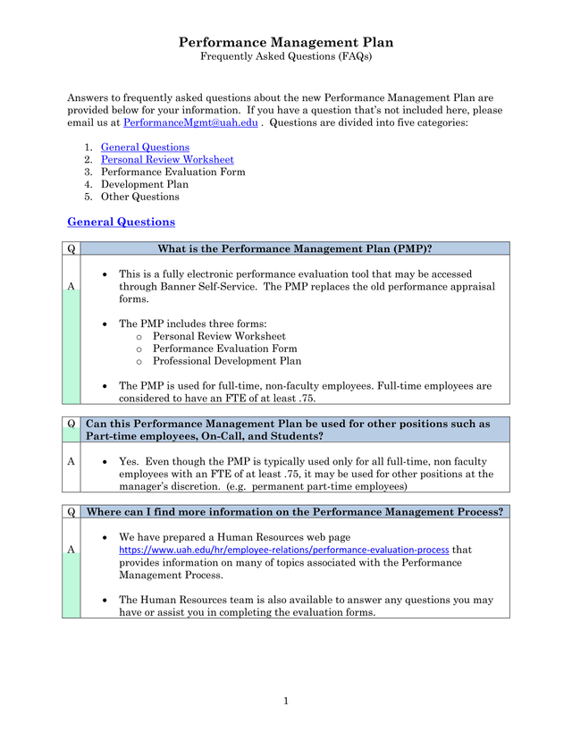 Performance Management Plan Frequently Asked Questions (FAQs) screenshot