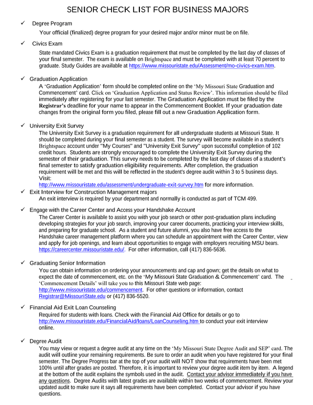Senior Check List For Business Majors screenshot